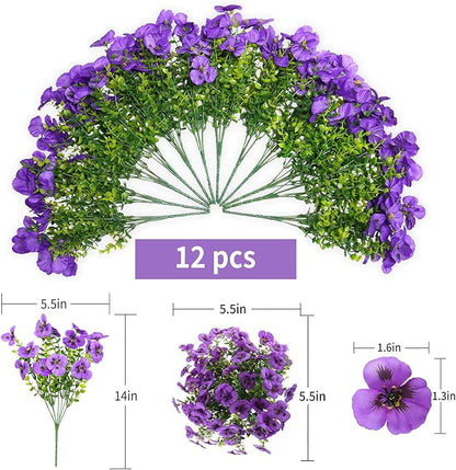 12 Bundles Artificial Flowers for Outdoor, UV Resistant Fake Pansy Flowers, Silk Faux Fowers for Outdoor Planters Home Garden Office Patio Front (Purple)