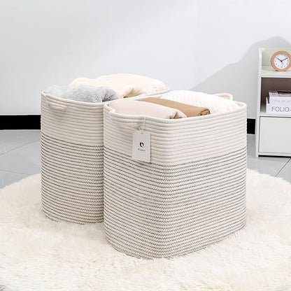 Storage Baskets for Clothes Fabric Cotton Rope Storage Basket with Handles, Decorative Woven Basket for Living Room,Closet Organizer Blankets, and 2bags (White/Black Line, L16×W11.4×H15.9)