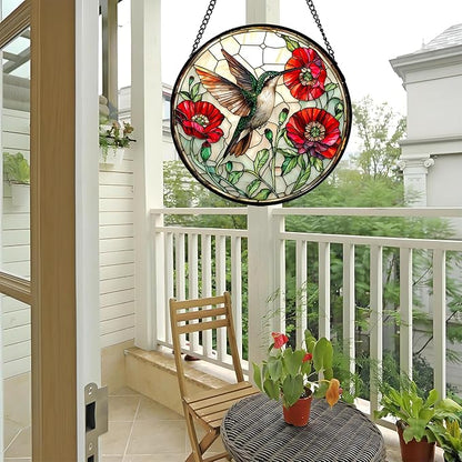 Stained Glass Window Hanging - Green Hummingbird Red Flower Suncatcher for Door Terrace Garden Home Decor Bird Landscape Sun Catcher Birthday Gifts for Lovers Women Men Dad Mom Nana 9.8 in