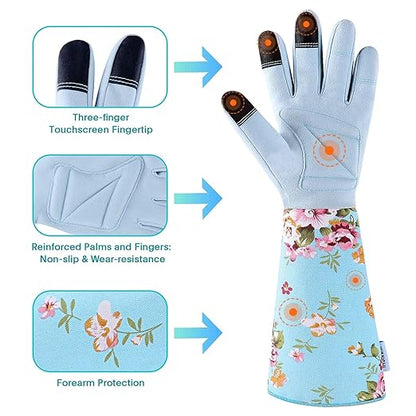 Women's Long Arm Gardening Gloves, Flexible Hand Protection, Ergonomic Design for Digging, Trimming & Garden Maintenance, Blue Large