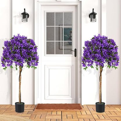 GOFLAME 53" Artificial Bougainvillea Tree, 2 Pack Faux Silk Flower Plant in Pot with 576 Flowers & 288 Leaves, Indoor Outdoor Fake Bougainvillea for Home, Office and Garden Decor, Purple