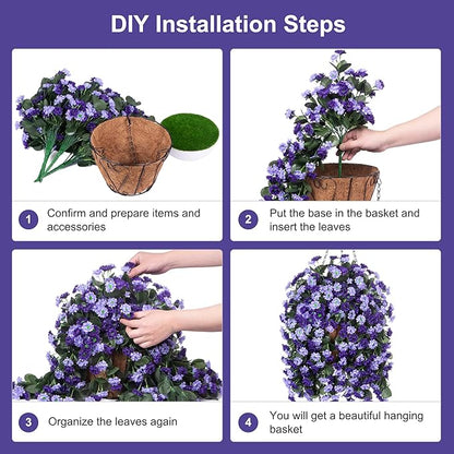 Artificial Flowers in Hanging Basket for Outdoors Indoors Decor, Artificial Mums Bush Flowers Plants with Baskets for Home Porch Garden Yard Patio Spring Summer Decoration (Deep Purple)