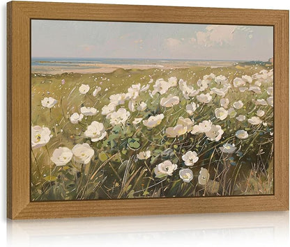 CAZLOUC Vintage Coastal Wall Art, White Wildflower Wall Decor, Rustic Farmhouse Landscape Canvas Painting, Nature Seaside Floral Poster Print for Bedroom Living Room Office Wood Framed 8x10 Inch