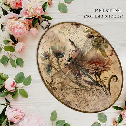 MAQIKA Vintage Dragonfly Oval Framed Wall Art Decor, Dragonfly Wall Decor, Dragon Fly Botanical Oval Wall Hanging Decor, Retro Dragonflies Canvas Prints Wall Art for Bedroom Living Room, 8.7x11.3 Inch