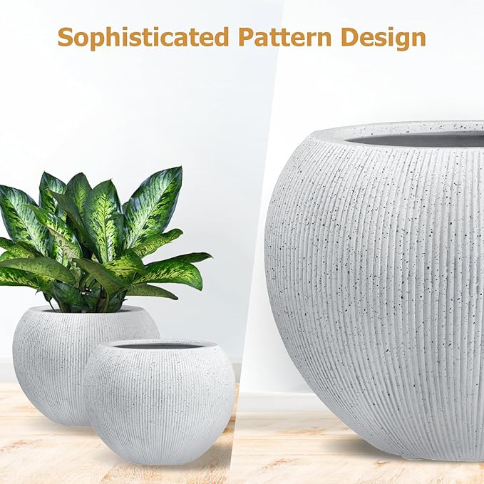 16" H x 20" D Ribbed Globo Fiberstone Round Planter with Drainage Hole, Weather Resistant for Indoor and Outdoor Use, Included 2 Extra Coco Mats (Speckled White, 13.5" Pot Opening)