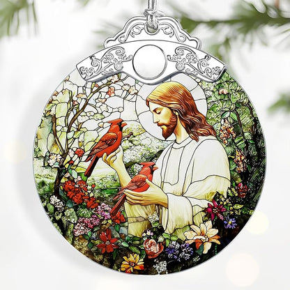 Jesus with Cardinals Ornament – Christmas Ornament & Religious Christmas Decor; Jesus Christ Decoration (Holiday Present, Bauble Present, Memorial Gifts, Gift Idea, Gift Exchange) | Heirloom Keepsake