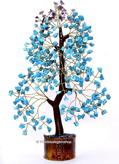 Turquoise & Amethyst Golden Wire Artificial Gemstone Tree – Crystal Healing Decor for Home, Office & Meditation