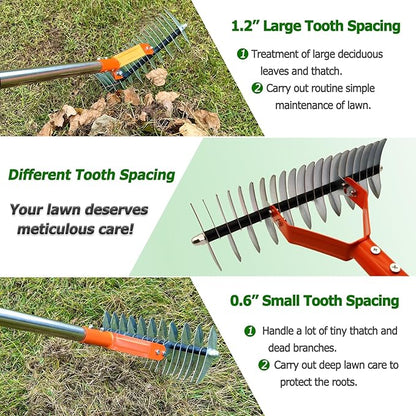 Thatch Rake,14-Inch Lawn Thatching Rake,Reinforced Neck with Heavy Duty Handle, Multi Angle Tine Design for Efficient Dead Grass Removal and Soil Care