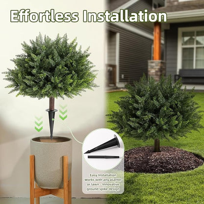 23.6Inch Artificial Cedar Topiary, 2 Pack UV Resistant Faux Evergreen Shrubs with Ground Spikes, Indoor Outdoor Potted Plants for Porch, Garden, Front Door Decor