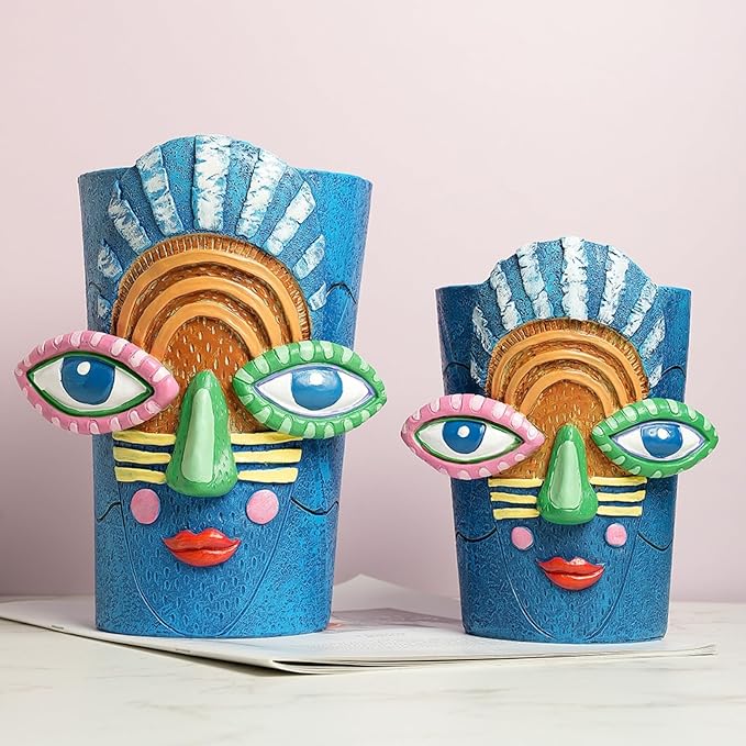 Picasso Blue Face Planter Pots Abstract Art Colorful Funky Plant Pots with Facial Expressions Unique Head Planter for Indoor Plants Home Decor (Small)
