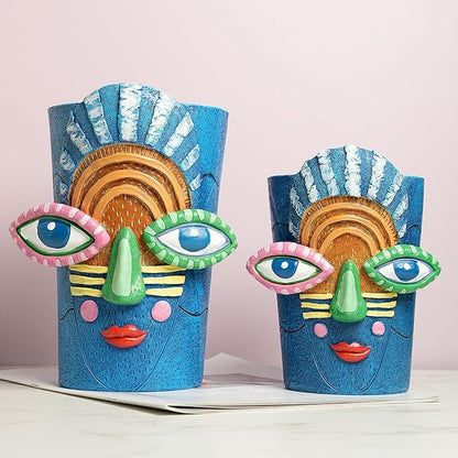 Picasso Blue Face Planter Pots Abstract Art Colorful Funky Plant Pots with Facial Expressions Unique Head Planter for Indoor Plants Home Decor (Small)