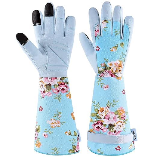 Women's Long Arm Gardening Gloves, Flexible Hand Protection, Ergonomic Design for Digging, Trimming & Garden Maintenance, Blue Large