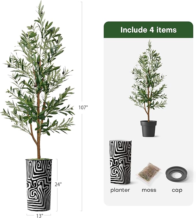Artificial Tree in Modern Geometric Pattern Planter, Fake Olive Silk Tree for Indoor and Outdoor Home Decoration - 68" Overall Tall (Plant Pot Plus Tree)