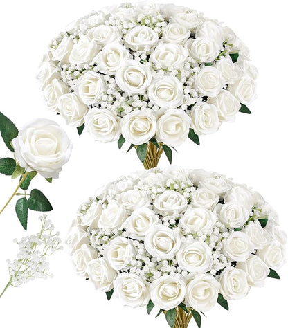 HyeFlora 35 PCS White Roses Artificial Flowers 15 PCS Fake Baby Breath Realistic Fake Flowers Bouquet with Stem for DIY Wedding Party Home Decoration Vase Tables Centerpieces Arrangements Gift for Her