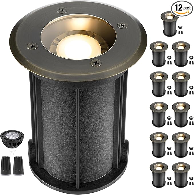 Gardenreet Solid Brass Well Light - LED 12V All Weather In-Ground Low Voltage Landscape Lighting, Replaceable Bulb Fixture, Antique Bronze for Backyard Pathway Patio with 2700K Warm White MR16 Bulb