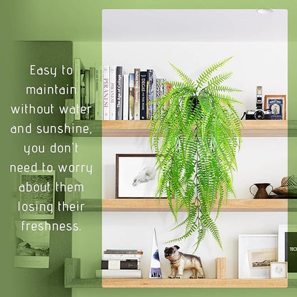 Small Artificial Hanging Plant for Shelf Fake Plant Potted Boston Ferns Faux Trailing Leaves Plant for Indoor Outdoor Aesthetic Office Living Room Shelf Decor (Black Pot)