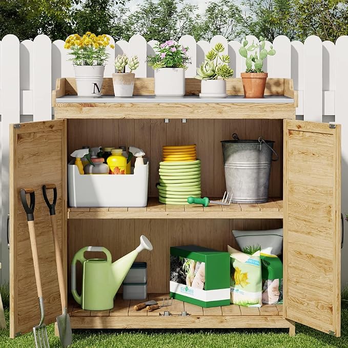Gizoon Outdoor Potting Bench with Metal Tabletop, Outdoor Garden Patio Wooden Storage Cabinet with Adjustable Shelf, Double Doors Garden Work Bench for Backyard, Patio, Lawn - Natural