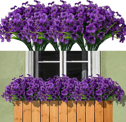 15 Bundles Artificial Flowers Outdoor UV Resistant Fake Silk Plants Plastic Faux Shrubs Outside Front Porch Window Box Garden Home Hanging Planter Decoration (Purple)