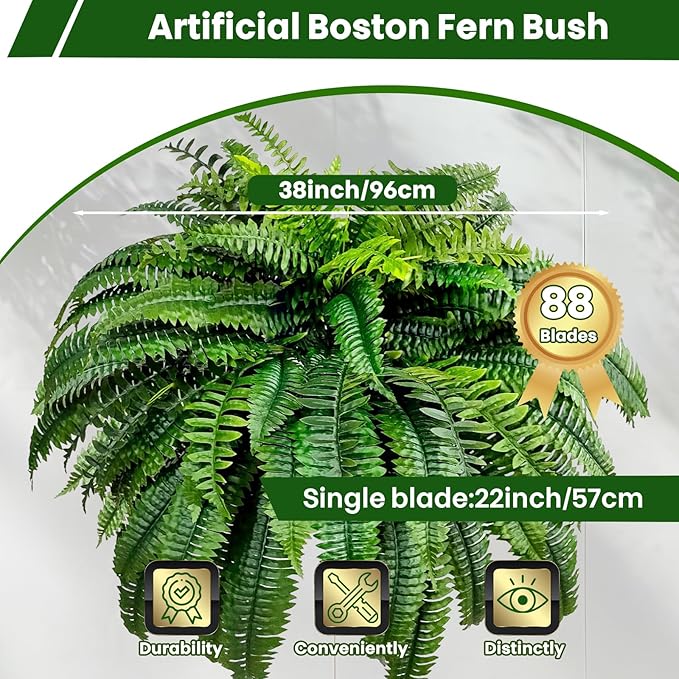 Artificial Boston Ferns for Outdoors & Indoors, 38" Large Fake Ferns with 88 Fronds, Looks Real Faux Fern Greenery for Decorating Living Room Porch Garden Home Office Decor