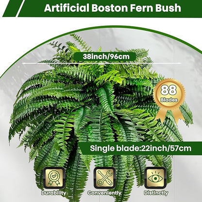 Artificial Boston Ferns for Outdoors & Indoors, 38" Large Fake Ferns with 88 Fronds, Looks Real Faux Fern Greenery for Decorating Living Room Porch Garden Home Office Decor