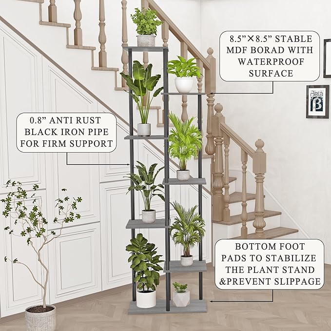 Plant Stand Indoor 7 Tier 8 Potted Metal Wood Plant Shelf, Multiple Flower Pots Corner Tall Plant Holder Stands for Living Room Balcony Bedroom, Oak Grey