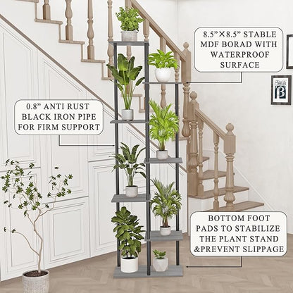 Plant Stand Indoor 7 Tier 8 Potted Metal Wood Plant Shelf, Multiple Flower Pots Corner Tall Plant Holder Stands for Living Room Balcony Bedroom, Oak Grey