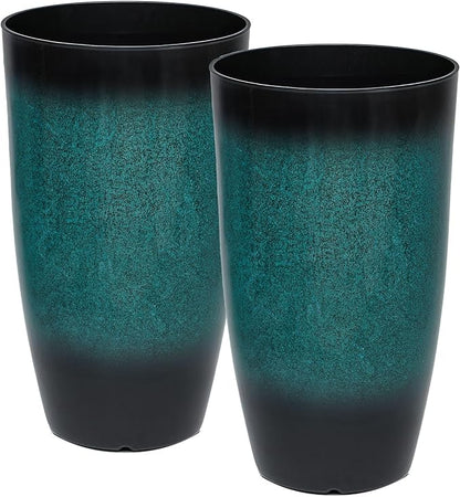 23.75" H Large Tall Outdoor Planters, Set of 2 Plastic Large Flower Pots for Outdoor Plants, Weather-Resistant for Porch, Garden, Patio or Indoor All Season Decor, Gradient Turquoise Finish