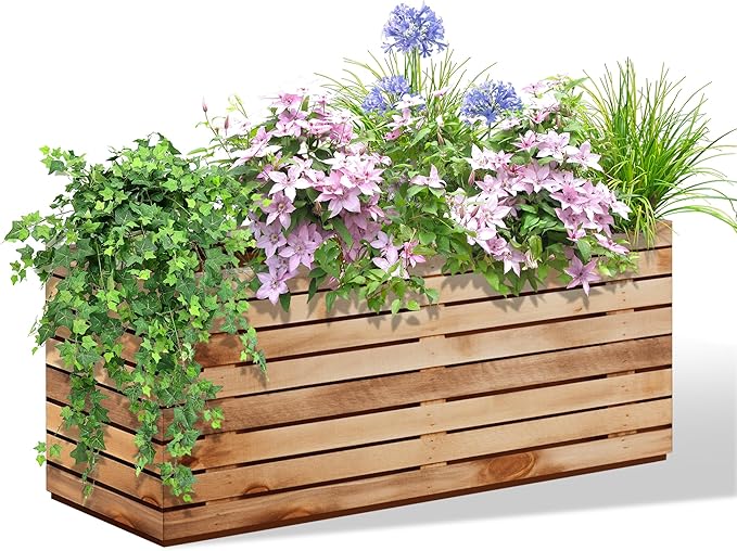 Rectangular Planters for Outdoor Plants, Large Planter Box with Drainage Holes, Metal Balck Palnters for Patio, Garden (38" L x 15" W x 16" H, Walnut Wood Grain)