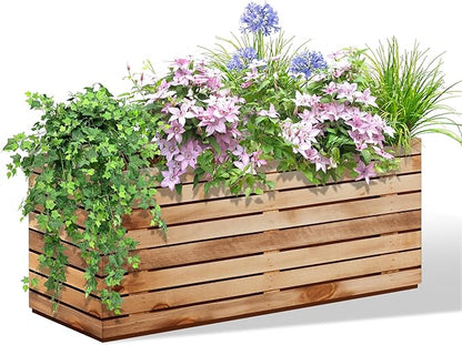 Rectangular Planters for Outdoor Plants, Large Planter Box with Drainage Holes, Metal Balck Palnters for Patio, Garden (38" L x 15" W x 16" H, Walnut Wood Grain)