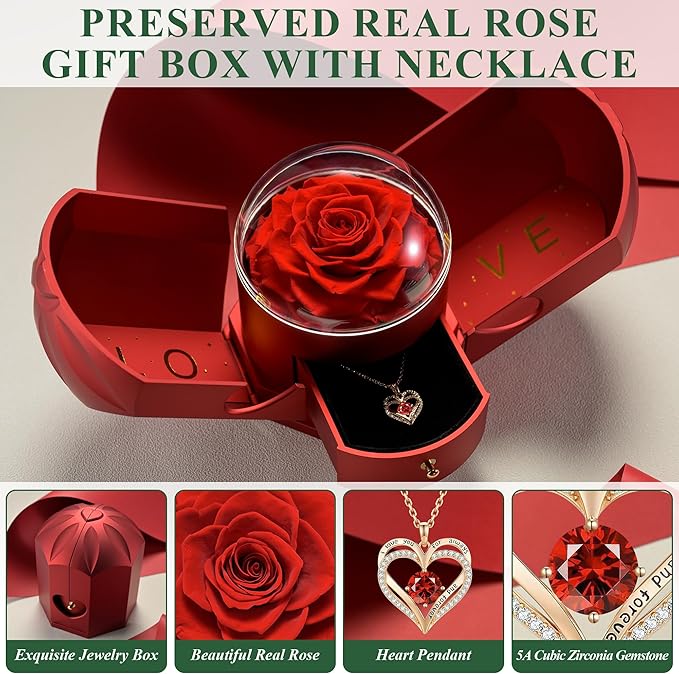 Preserved Red Rose with Heart Necklace, Eternal Real Rose, Romantic Rose Gifts for Women, Mom, Wife, Girlfriend, Mothers Day, Valentines Day, Anniversary, Birthday(Red)