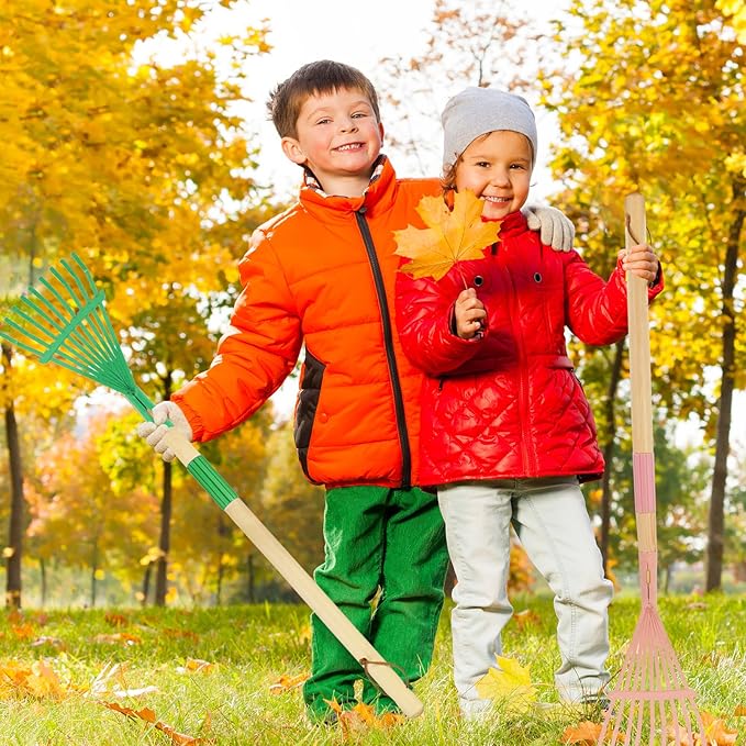 Kids Leaf Rake -Small Wooden Handle Leaf Rake with Metal Tines, 27inches /69cm Length, for Kids Enjoy Garden Cleaning Activities, 4 Pack