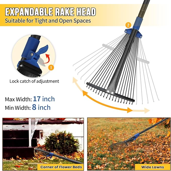 Adjustable Leaf Rake, Heavy Duty Metal Rake for Leaves, Long Handle 30"-75" with Expandable Head 8"-17", Collapsible Small Rakes for Lawns, Gardening, Yard, Camping, Shrub, Grass, Bush, Weed, Debris