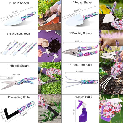 Garden Tools Set, JUMPHIGH 10 Pieces Gardening Tools with Floral Print, Ergonomic Handle Trowel Rake Weeder Pruner Shears Sprayer, Garden Hand Tools with Carrying Case Gardening Gifts for Women Father
