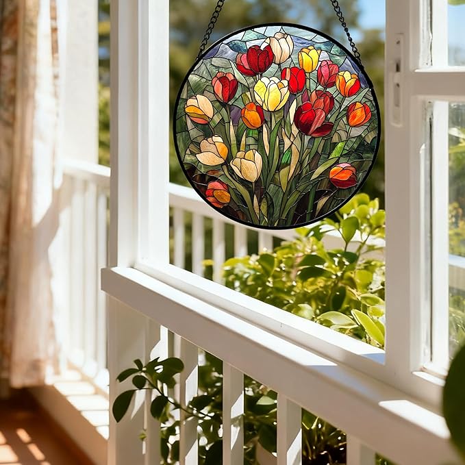 Stained Glass Window Hanging Wildflowers Tulips 6.3" - Flowers Suncatcher Door Garden Sun Catcher Home Decor Birthday Christmas for Mom Men Woman Friends Nana Wife