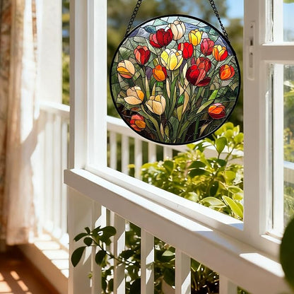 Stained Glass Window Hanging Wildflowers Tulips 7.8" - Flowers Suncatcher Door Garden Sun Catcher Home Decor Birthday Christmas for Mom Men Woman Friends Nana Wife