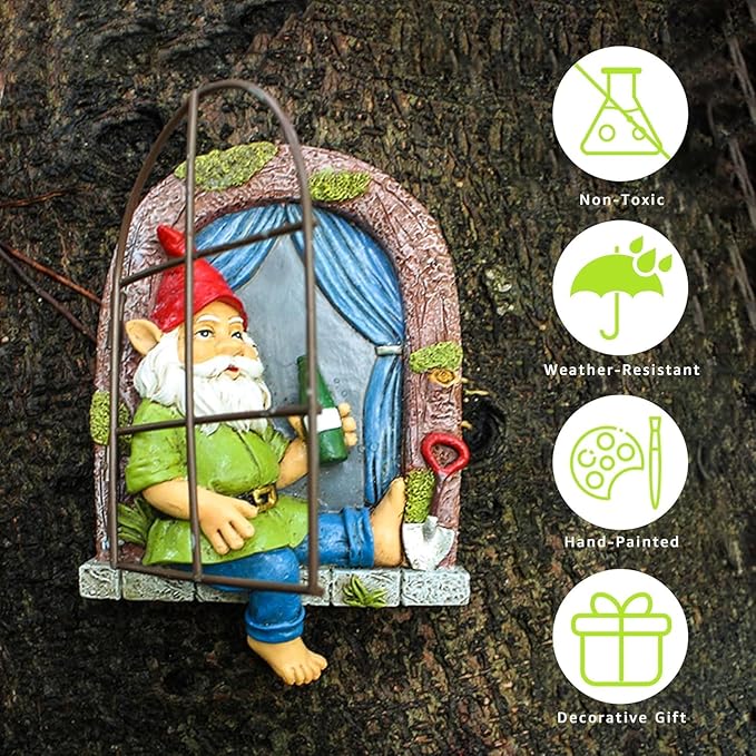 Garden Gnome Window Statue for Trees and Wall, Drinking Dwarf Fairy Garden Miniature Accessories, Patio Art Sculpture