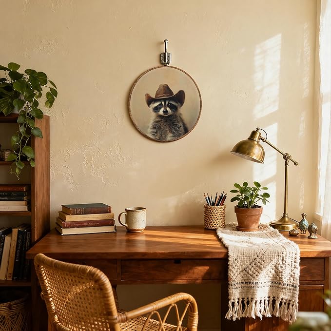 DEQSX Vintage Raccoon Round Wall Art, Raccoon Gifts for Women, Rustic Western Cowboy Wild Animals Wall Decor Canvas Prints Posters for Home Bedroom Living Room, 10x10 Inches