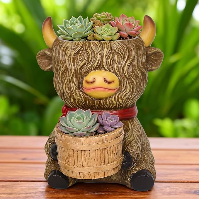 Cute Plant Pots Decor - Highland Cow Planter with Two Planters Animal Flower Pots with Drainage,Mini Succulent Pot for Home Desk Patio Decorations Outdoor Indoor Plants Pot Gifts for Plant Lovers