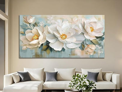 Enartly White Flowers Canvas Wall Art, Natural Plant Painting Textured Artwork for Living Room Bedroom Hallway Kitchen Dining Room Home Office Wall Decor, 58"x29"