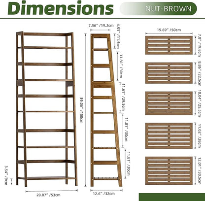 Ladder Shelf, 5-Tier Bookshelf, All Bamboo Heavy Duty Bookcase, Freestanding Open Wood Storage Rack, Modern Corner Display Plant Stand for Living Room, Home Office, Bathroom, Bedroom, Walnut