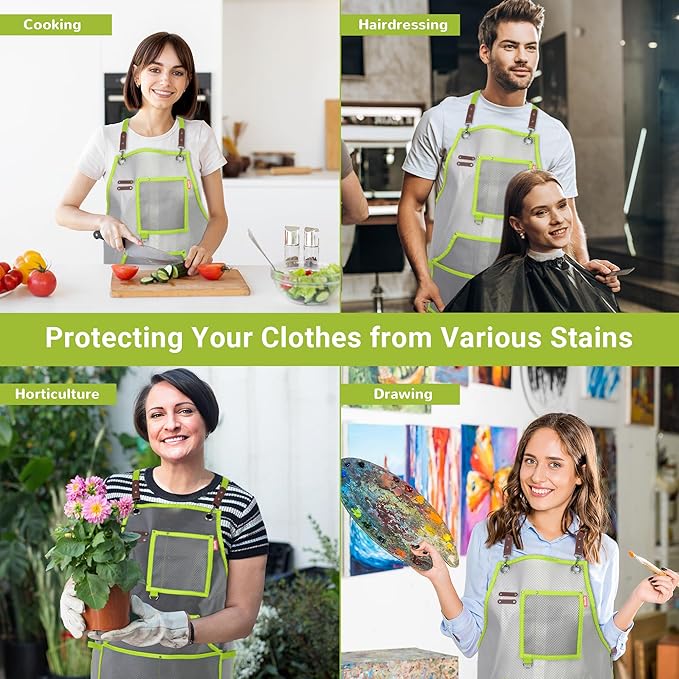 Waterproof Work Apron for Chefs, Hair Stylists, Artists, Gardeners, Adjustable, Multi-Pockets, TPU Mesh Fabric, Plus Size