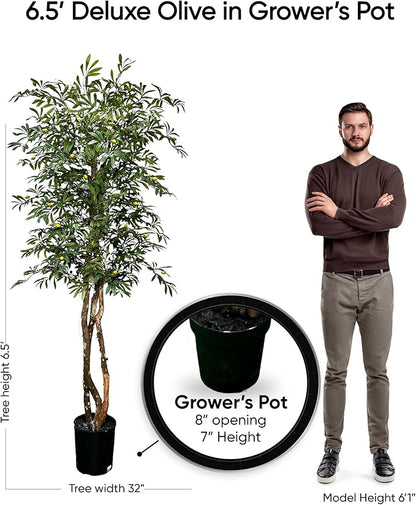Cypress & Alabaster Handmade 6.5ft Mediterranean Olive Artificial Tree with Ethically Sourced Real Wood Trunks, Hypoallergenic, 6.5-Foot, Green