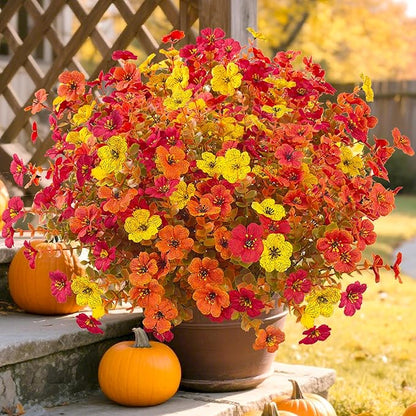 Artificial Flowers Outdoor Fall Mums, 12 Bundles Artificial Plants Outdoor Fake Mums Fall Flowers UV Resistant, Fake Plants Faux Silk Flowers for Porch Outside Planter Window Box Garden