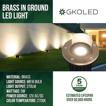 GKOLED 4 Pack, LED Brass Well Lights, 12V IP67 Waterproof Outdoor In Ground Light with MR16 Bulb and Swival Base, Low Voltage Landscape Lighting, 5W 2700K, Up Light for Garden Tree Bushe, Shielded Top