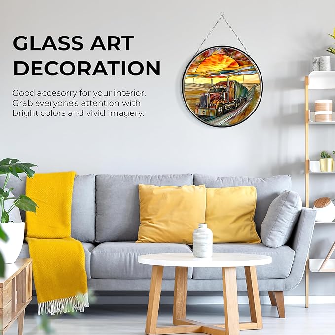 Customized Semi Truck Suncatchers for Windows,6.3” Stained Glass Window Hangings,Hand-Painted Glass Panel Perfect for Home Décor