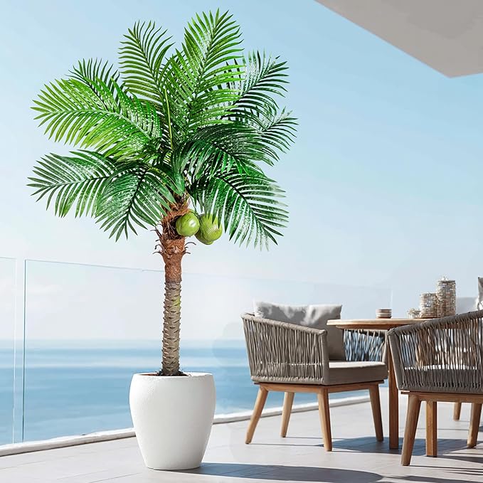 Artificial Phoenix Palm Tree 6ft Tall - Fake Large Tropical Tree with Adjustable Leaves, Realistic Faux Sago Palm for Indoor Outdoor Decor, Patio, Poolside, Yard, Living Room, Office