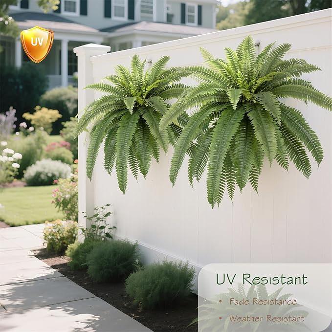 48in UV Resistant Artificial Ferns for Outdoors Large, Realistic Fake Boston Fern with Full Multiple Silk Fronds, Faux Boston Fern for Porch Outdoors, Garden or Hanging, 2 Pack