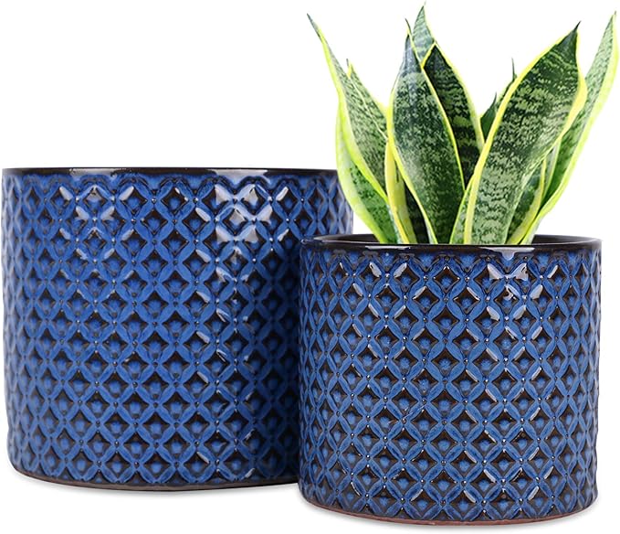 G EPGardening Ceramic Pots for Plants - 6.6+5.3 Inch Ceramic Planters Set of 2, Round Planters with Drainage Holes, Boho Flower Pots for Indoor Outdoor, Home Room Decor, Gifts for Plant Lovers, Blue