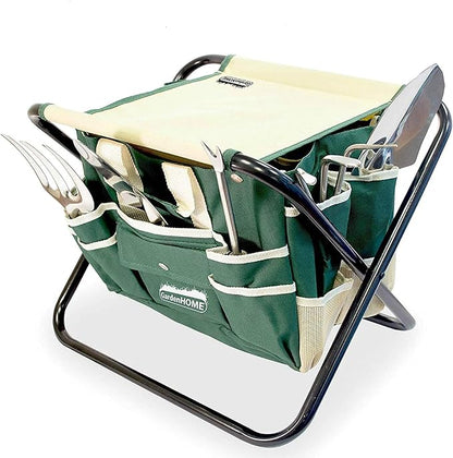 GardenHOME 7-Piece Gardening Tool Set – Stainless Steel Tools with Wooden Handles, Folding Stool & Canvas Tote, Durable Garden Kit for Women and Beginners