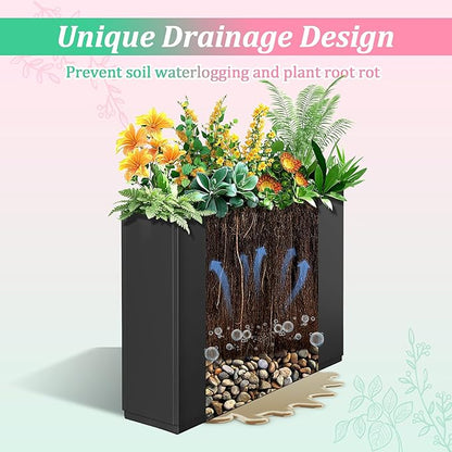 Metal Planter Box Rectangular Planter Box with Drainage Hole, Outdoor Large Planters, All-Weather Use, Rust-Resistance, for Flowers Plants, 35.4" L × 9.1" W × 25.6" H, Black